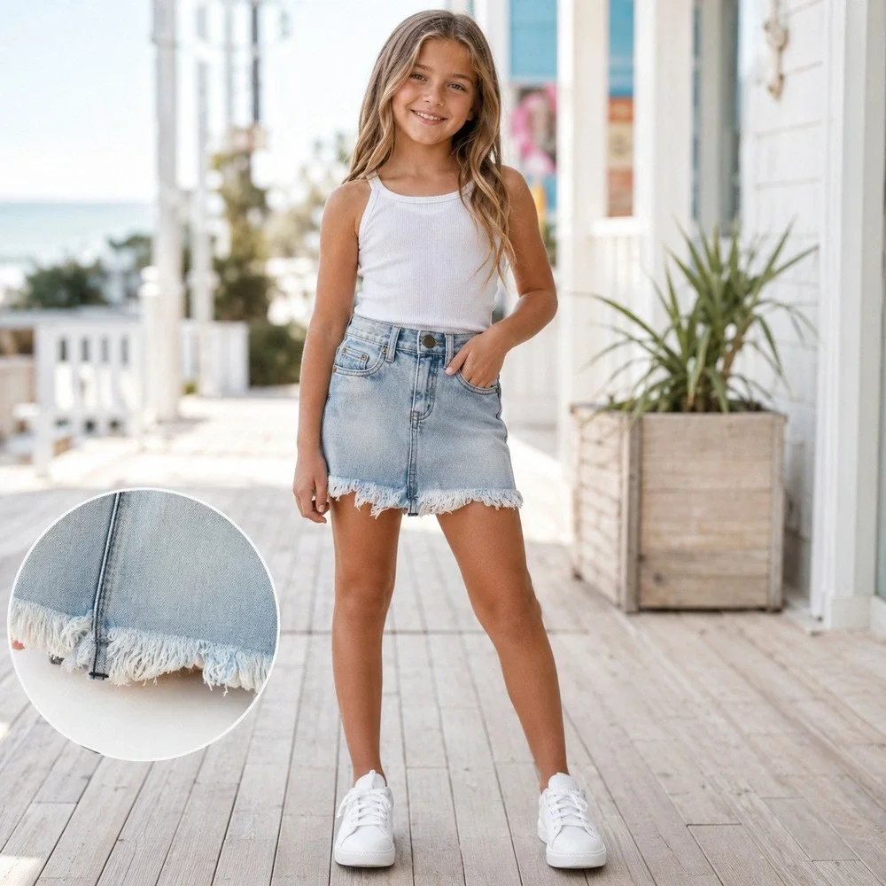 One Teaspoon Kids Antique Blue Distressed Frayed Denim Mini Skirt Size 7-8 NWT